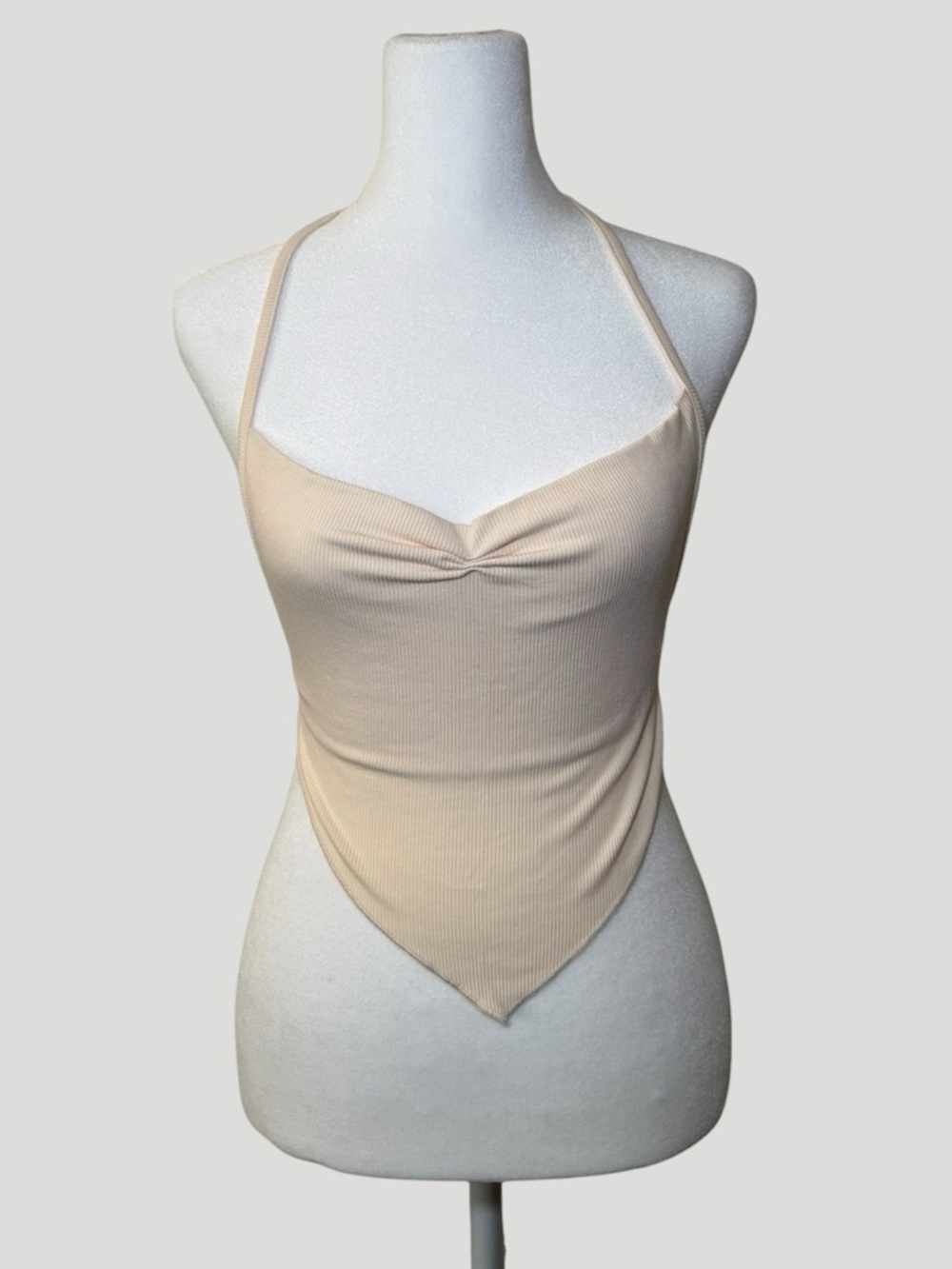 Beige Backless Halter Top Ribbed Ruched Sweetheart Neckline Bandana Style